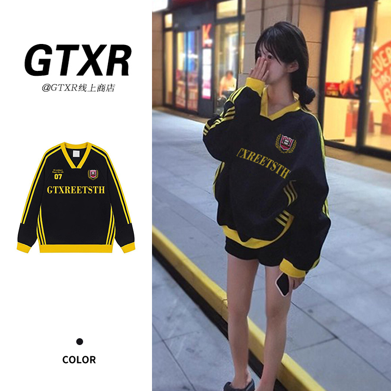 三条杠v领长袖卫衣女春秋2025新款oversize美式高街宽松运动上衣