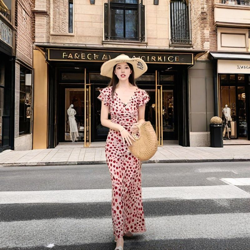 长裙爆款高级感气质显瘦高腰波点法式中长款碎花连衣裙洋气裙子
