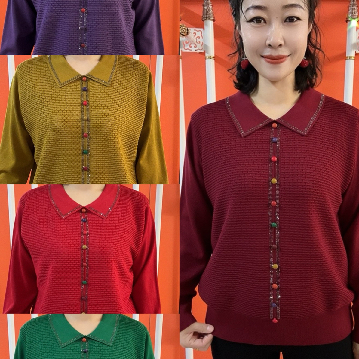品质方领彩扣焦麻妈妈衫