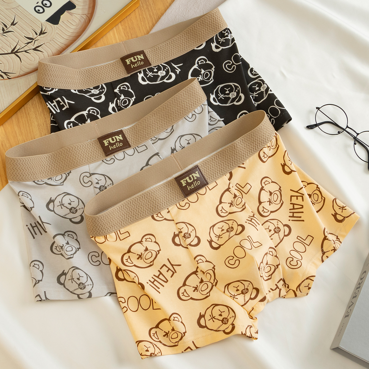 小熊图案男士内裤纯棉亲肤棉质男平角内裤印花运动青少年四角短裤