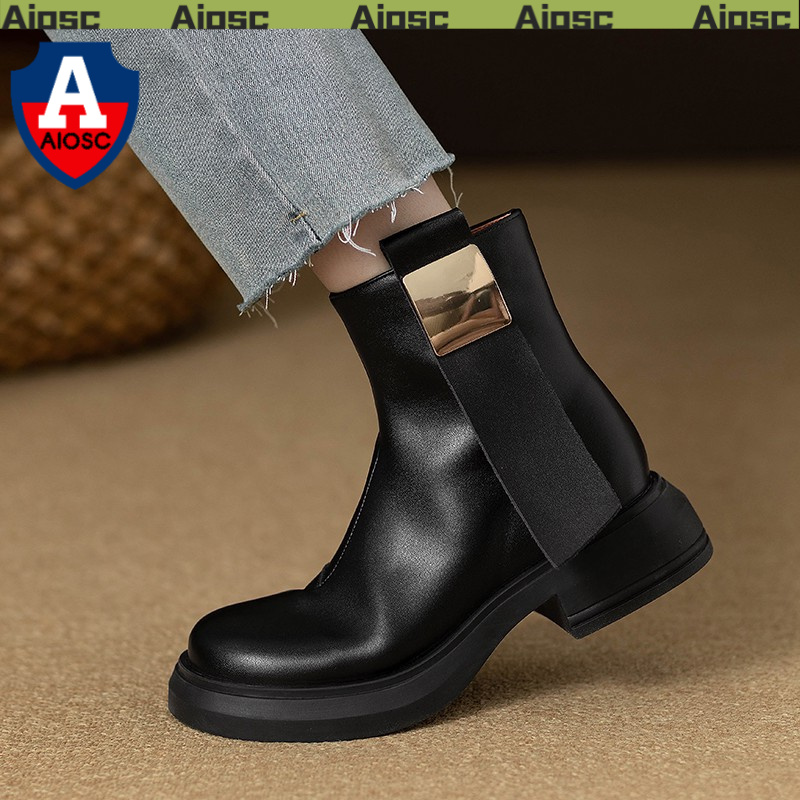 【AIOSC品质】复古风厚底短靴春秋新款真皮小个子机车靴侧拉链圆