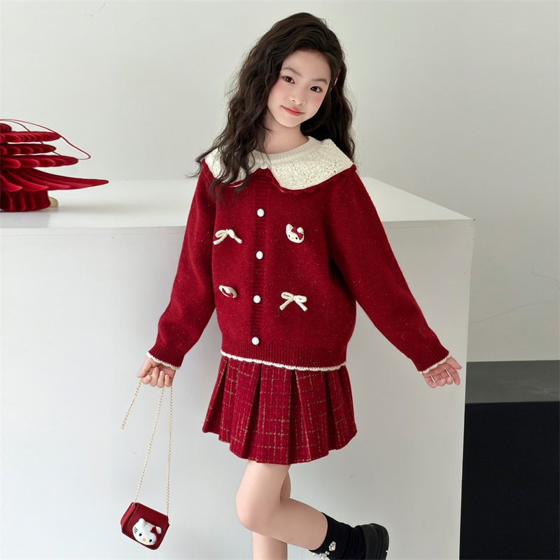 女童红色学院风毛衣套装冬装2026女孩新年喜庆毛衣毛呢裙短两件套