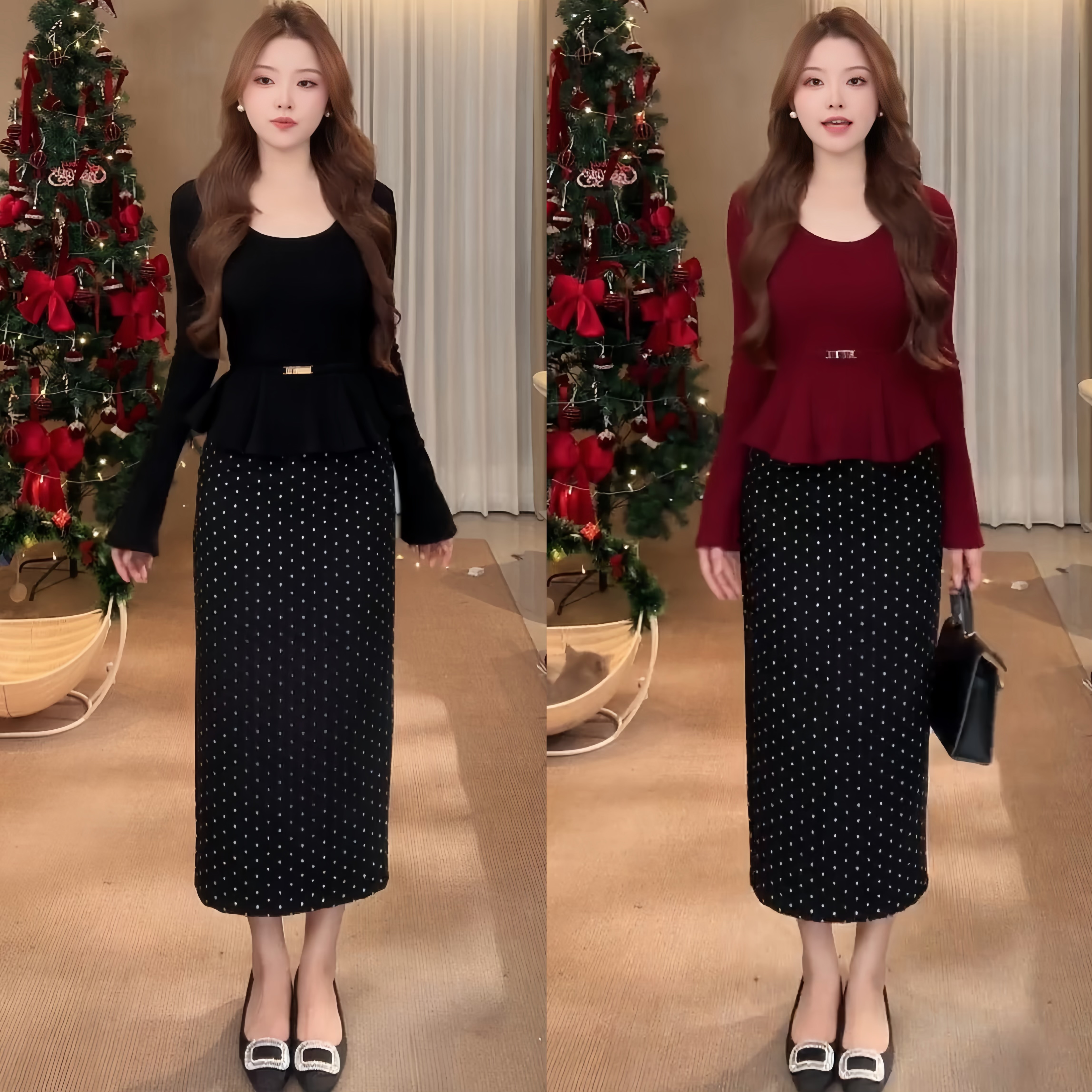 2025冬季新款轻奢设计感卷边收腰打底针织衫显瘦波点半身裙套装女