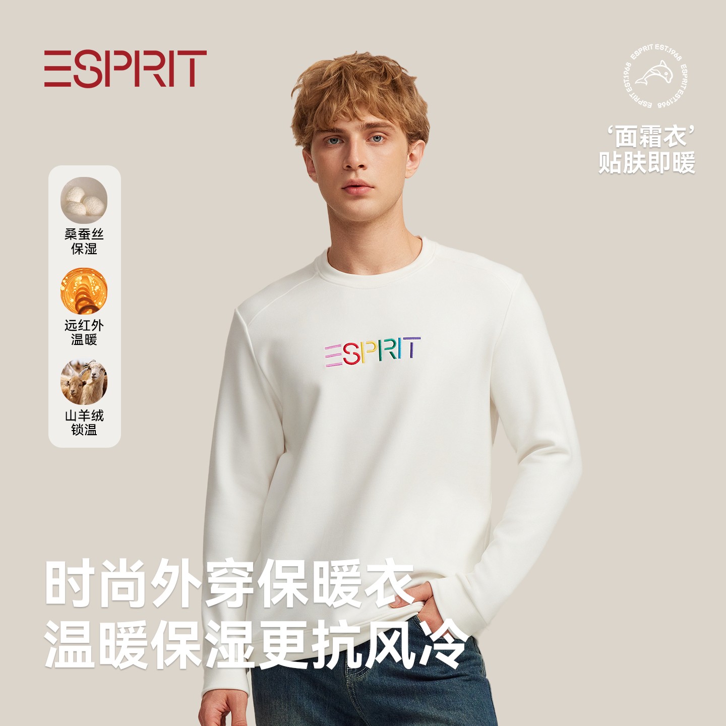 ESPRIT男女同款保暖卫衣单件上身刺绣彩标上衣2025秋冬发热打底衣