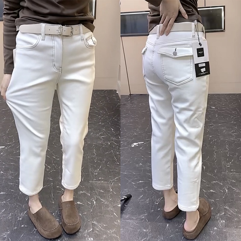 秋季新款时尚牛仔裤女2025年大码显瘦遮肉加绒九分直筒牛仔烟管裤