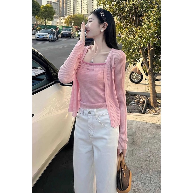 小香风粉色吊带防晒开衫两件套女夏季薄款纯欲辣妹外穿针织小披肩