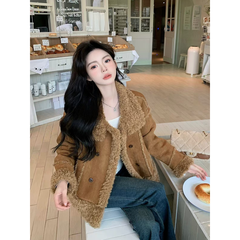 冬季咖色美拉德皮毛一体短外套女加绒保暖机车风休闲上衣