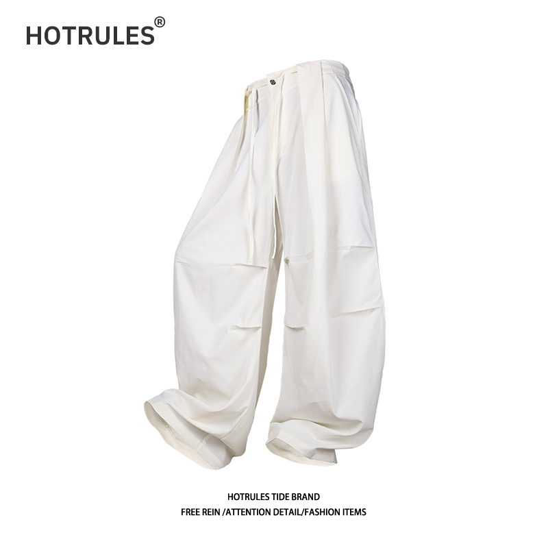HOTRULES初秋褶皱薄款工装伞兵裤纯色西裤宽松垂感百搭弯刀阔腿裤