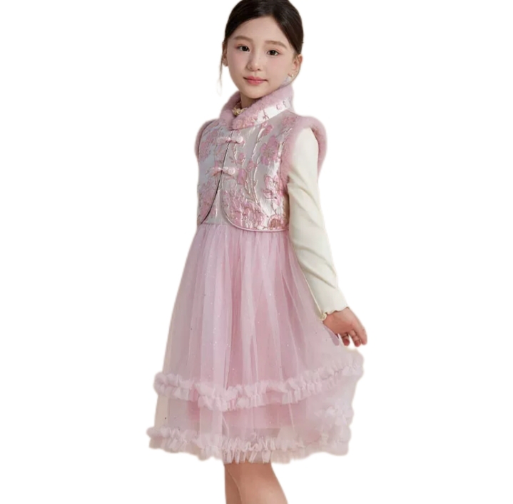 儿童2025新款粉色旗袍背心裙加绒拜年礼服连衣裙公主风国风汉服裙