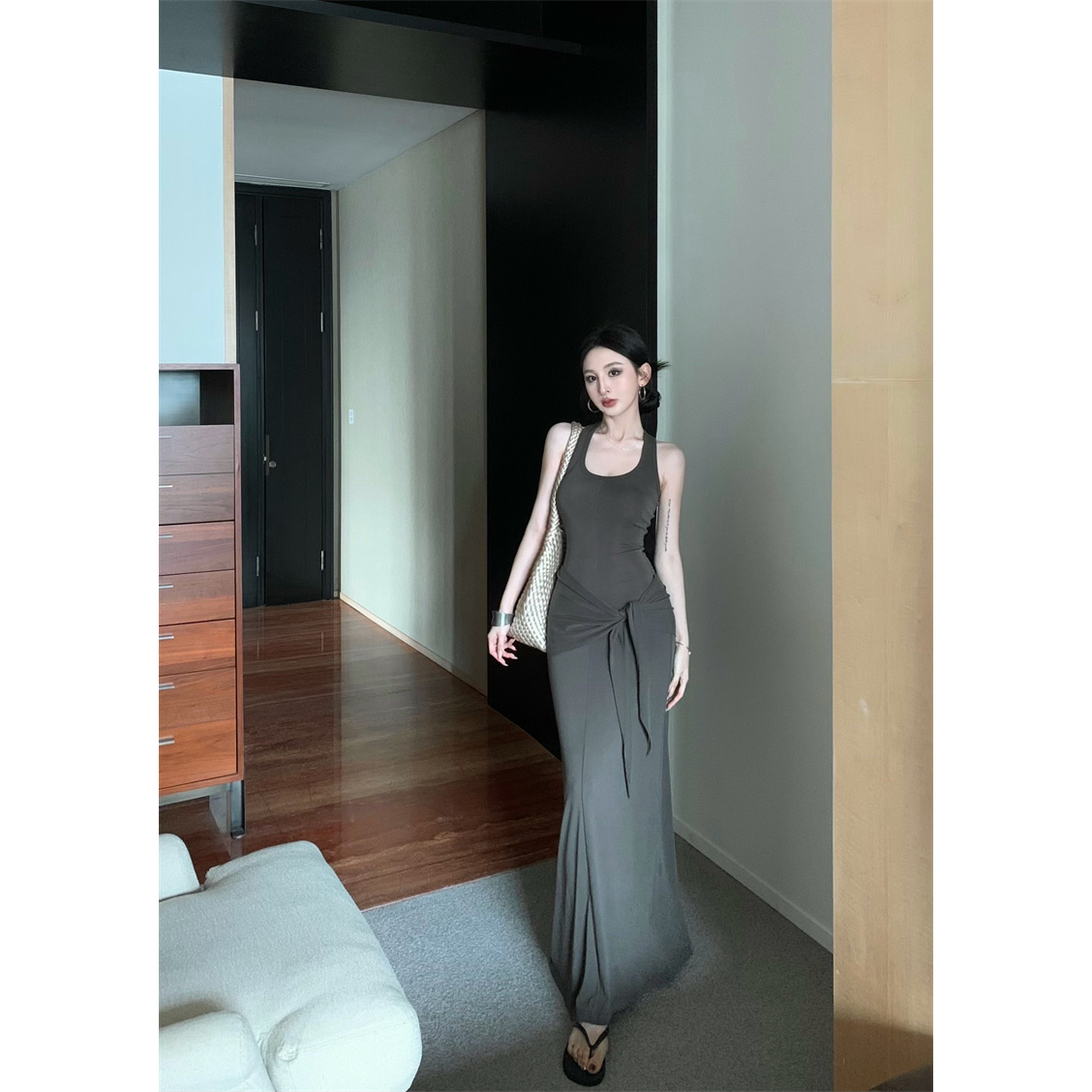 洋气纯欲气质辣妹U领修身显瘦工字背心连衣裙腰带套装#22649