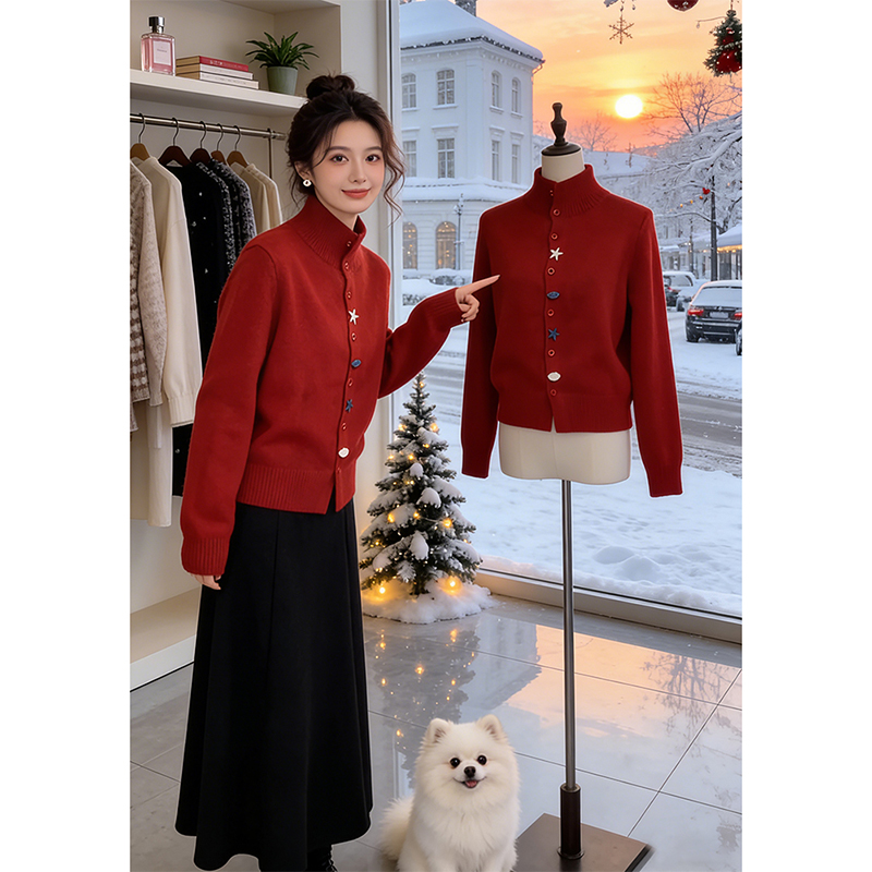 高级感半高领红色针织毛衣女秋冬季新款韩系洋气减龄开衫外套上衣