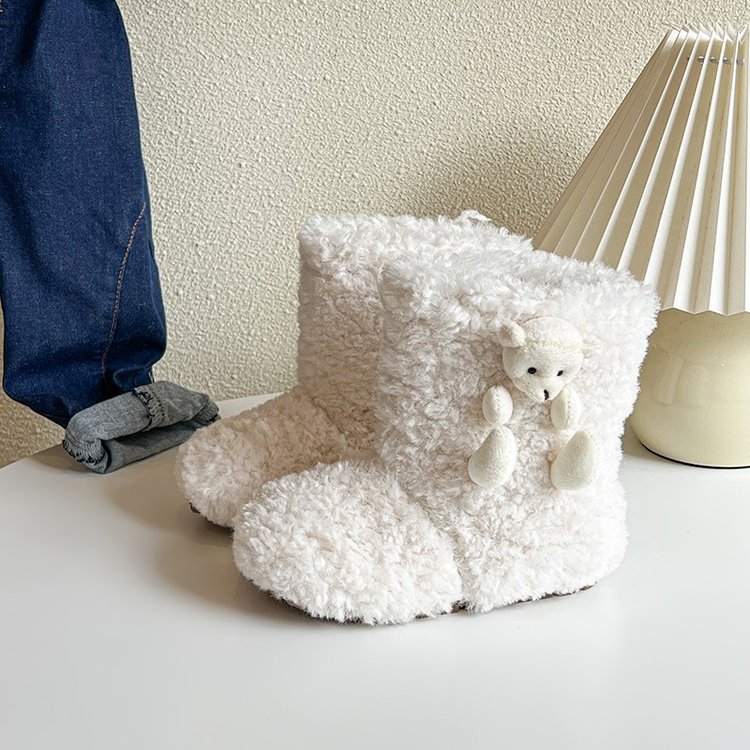 儿童洋气毛毛靴女童可爱小熊棉靴冬季保暖雪地靴宝宝软底加绒短靴