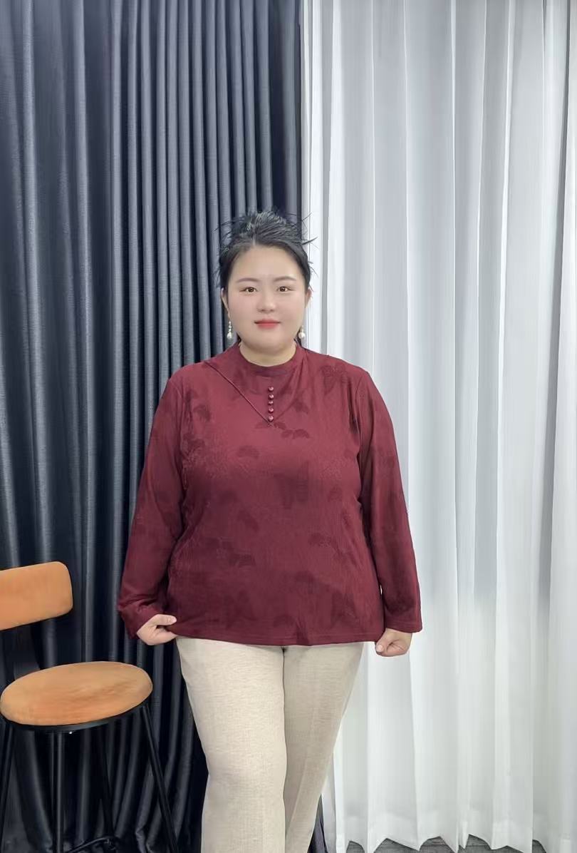 110-230斤秋季加肥加大圆领织花内搭中老年中式薄款长袖妈妈装女