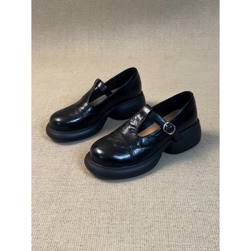 nnmiss·34-39/5cm英伦风圆头浅口丁字带厚底乐福鞋百搭复古小皮鞋