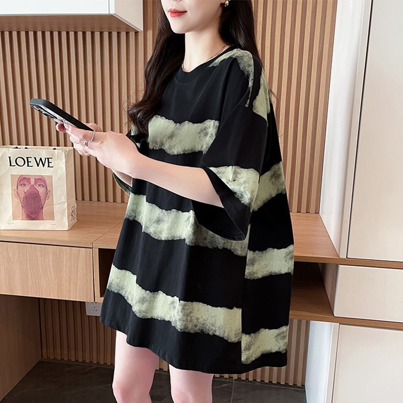 渐变色扎染条纹短袖t恤女2025新款夏季韩版宽松中长款设计感上衣