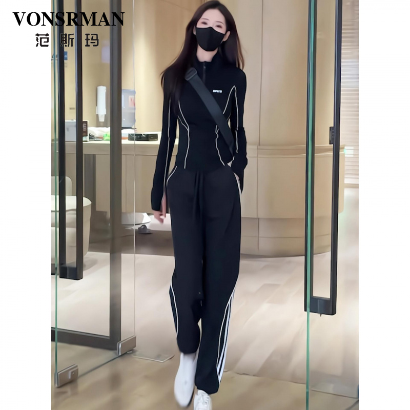 黑色跑步服休闲运动套装女秋季修身显瘦拼接卫衣外套束脚裤两件套