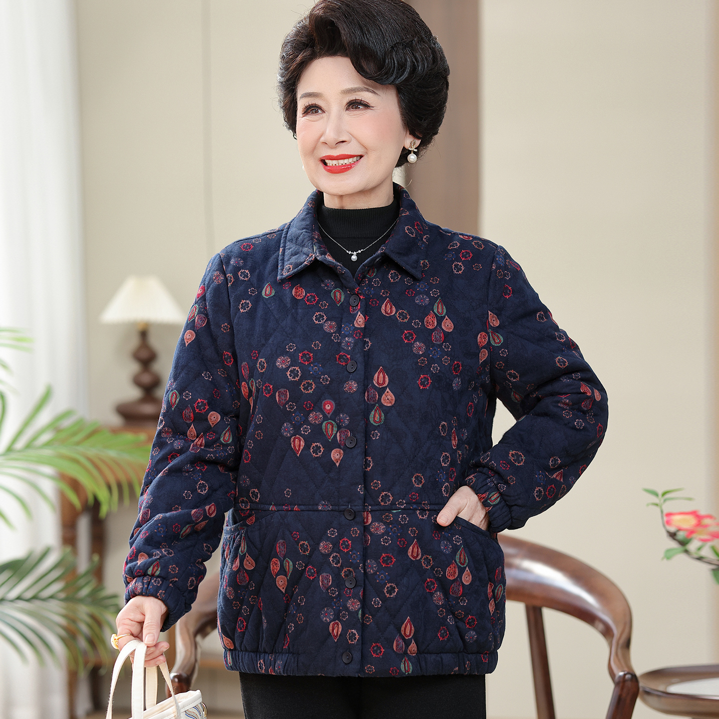 妈妈夹棉短外套秋冬季纯棉奶奶装小棉衣中老年妇女60岁70轻薄棉袄