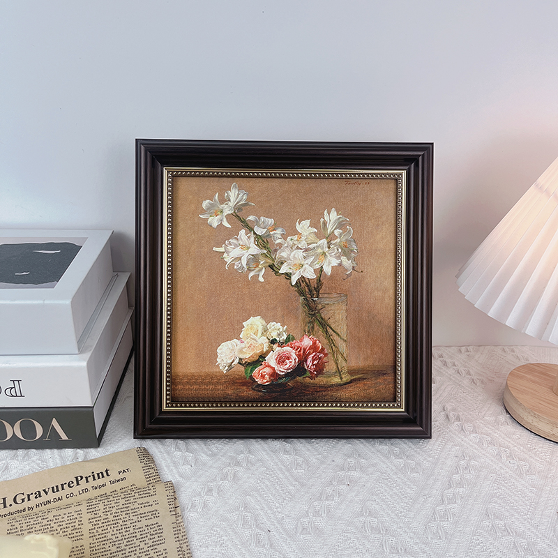 法美式复古油画桌面摆件方形相框高级艺术摆台卧室客厅装饰画挂画