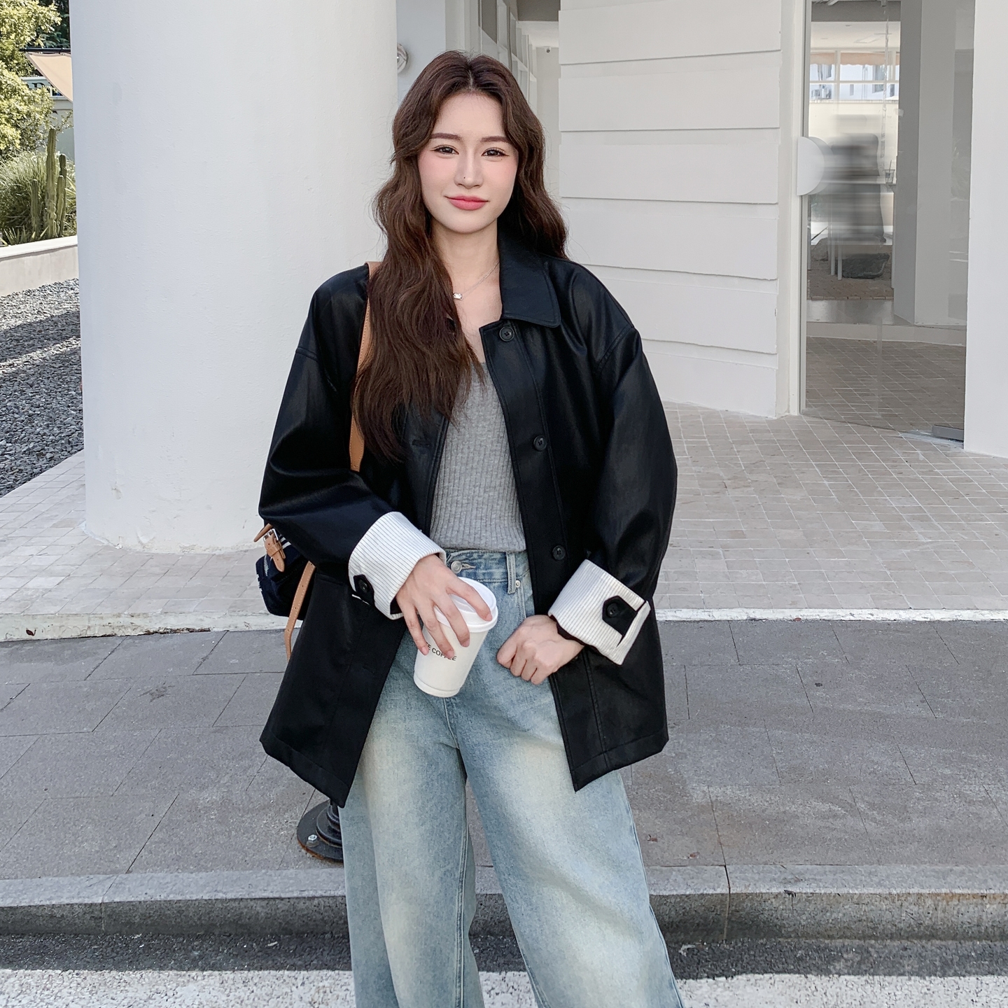 韩系高级感潮流新时尚皮衣女2025秋季新款休闲风宽松显瘦拼接外套