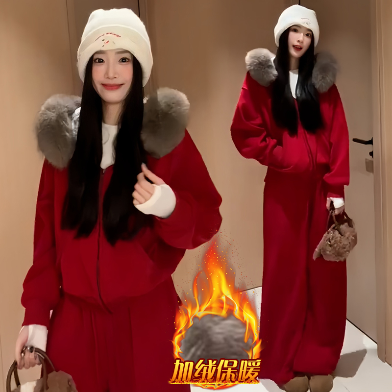 加绒加厚时尚套装女2025冬季新款洋气大毛领连帽开衫阔腿裤两件套