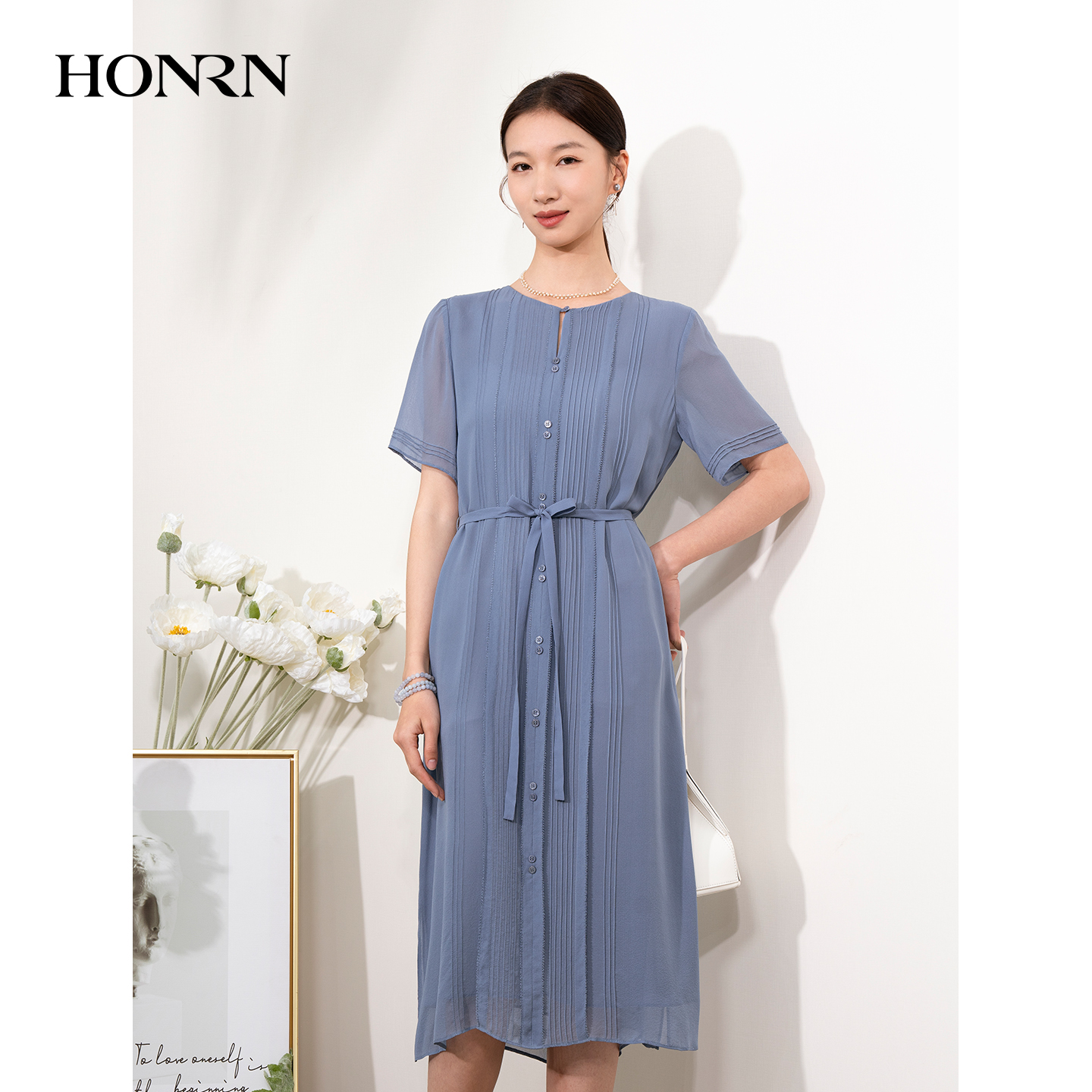 HONRN/桑蚕丝真丝系带收腰显瘦圆领连衣裙女夏微胖女生HI22OL485