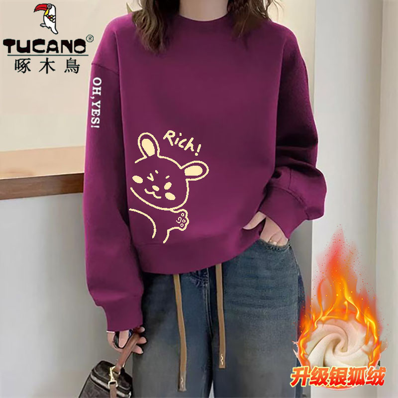 啄木鸟纯棉美式加绒加厚印花卫衣女秋冬百搭减龄微胖显瘦圆领上衣