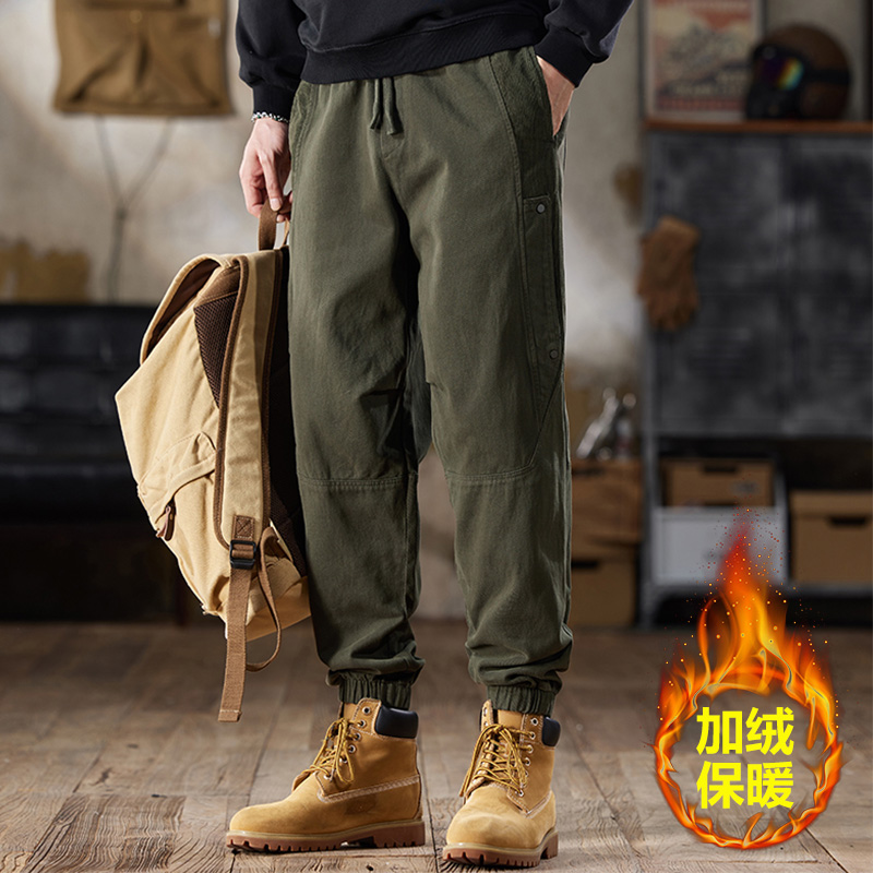 美式重磅纯棉加绒工装裤男士宽松束脚松紧腰抽绳哈伦多口袋休闲裤