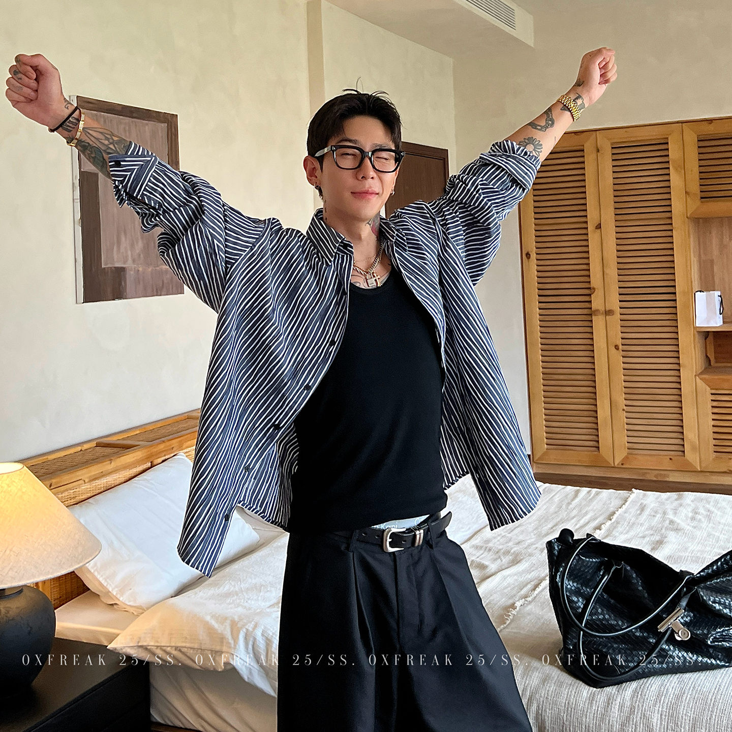 OXFREAK「高智感通勤」蓝白条纹长袖衬衫男宽松廓形韩系翻领衬衣