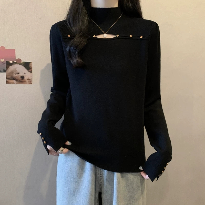 6251大码女装秋冬新款圆领打底衫套头镂空设计感针织衫长袖上衣