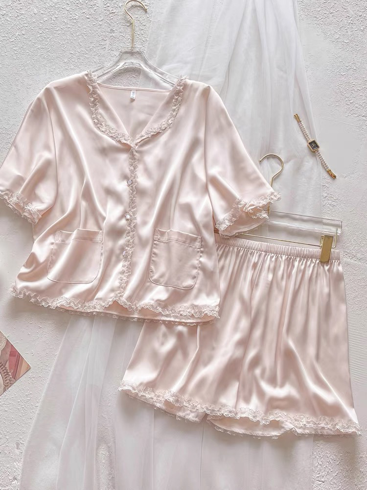 法式宫廷风缎面冰丝睡衣女夏季短袖短裤可外穿家居服两件套装薄款