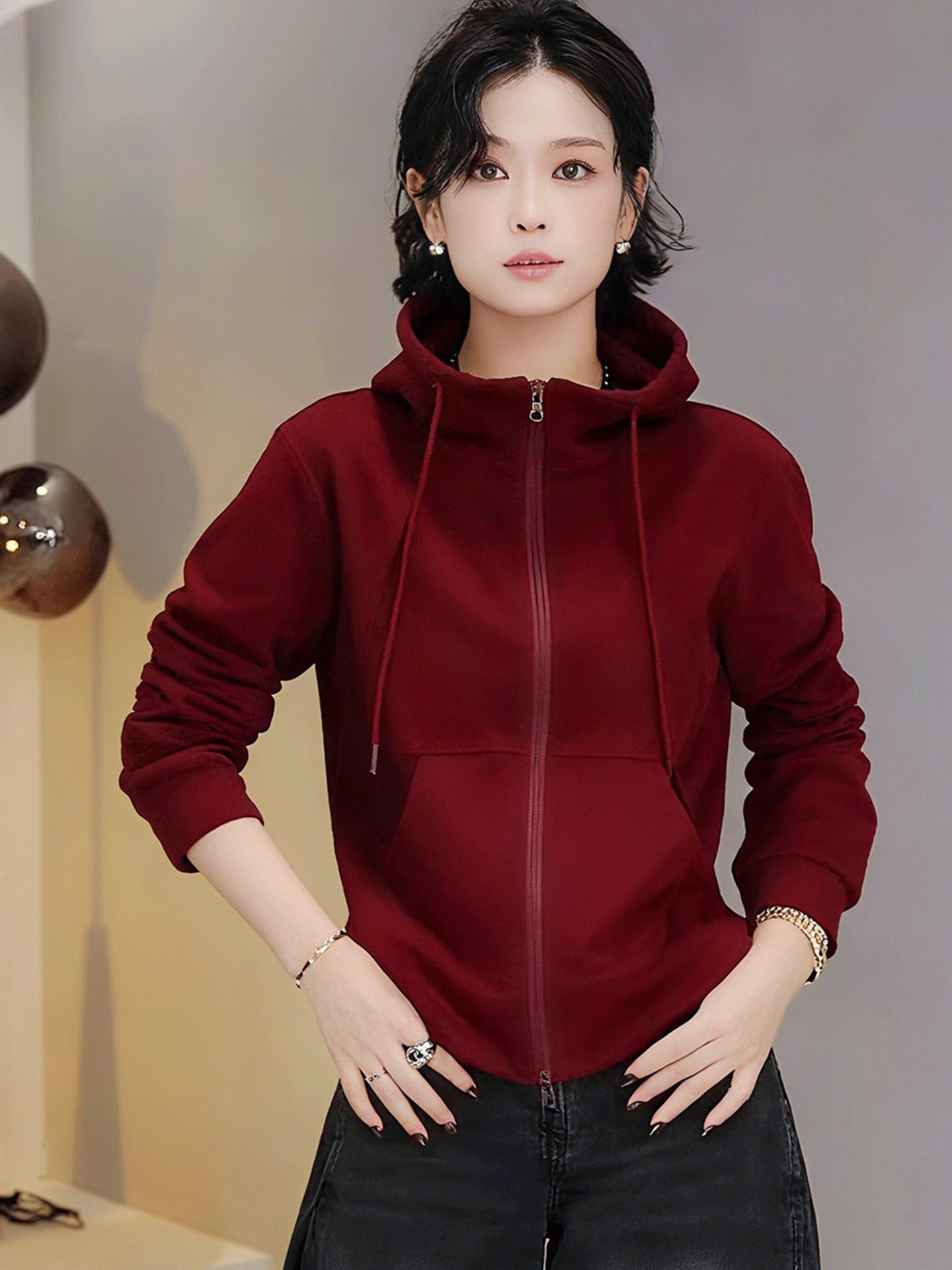 德绒双拉链头连帽卫衣外套女秋冬新款爆款修身显瘦鱼骨线开衫上衣