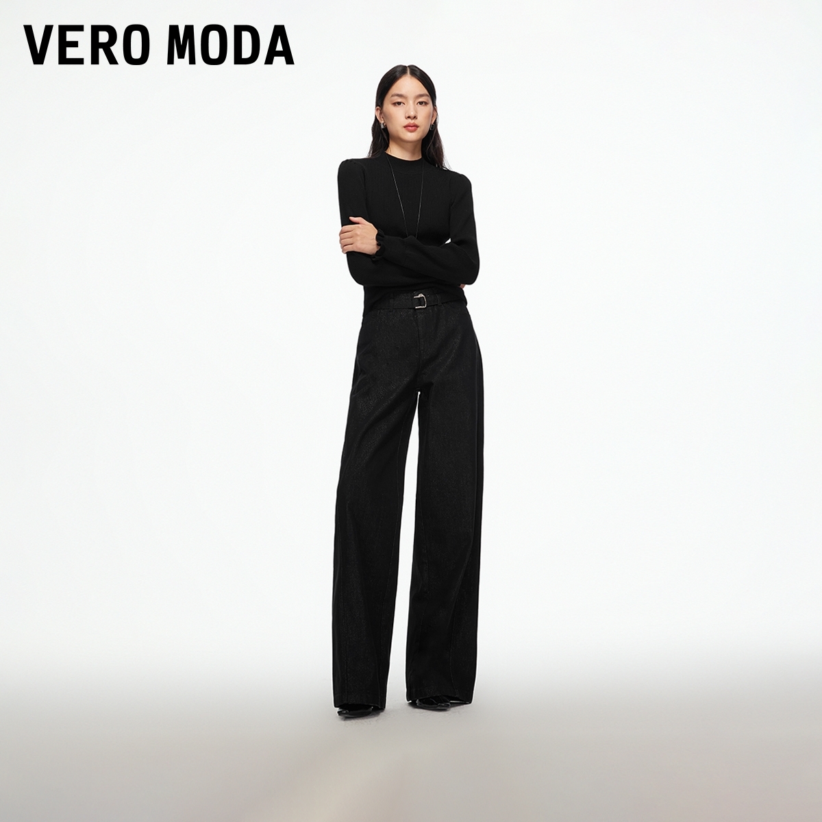 Vero Moda牛仔裤女装2025秋冬新款含棉微闪腰带宽松阔腿裤流光风