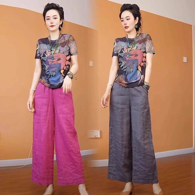 拉夏贝尔时尚套装女2025夏季新款洋气印花上衣阔腿裤显瘦两件套潮