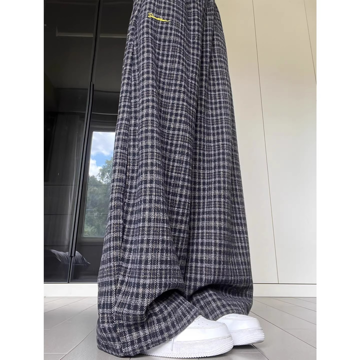 藏青色韩系慵懒风格子阔腿裤女秋季2025新款高腰垂感显瘦休闲长裤