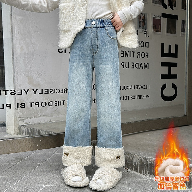 女童加绒裤子冬季一体绒2025新款冬装女孩窄版烟管直筒儿童牛仔裤