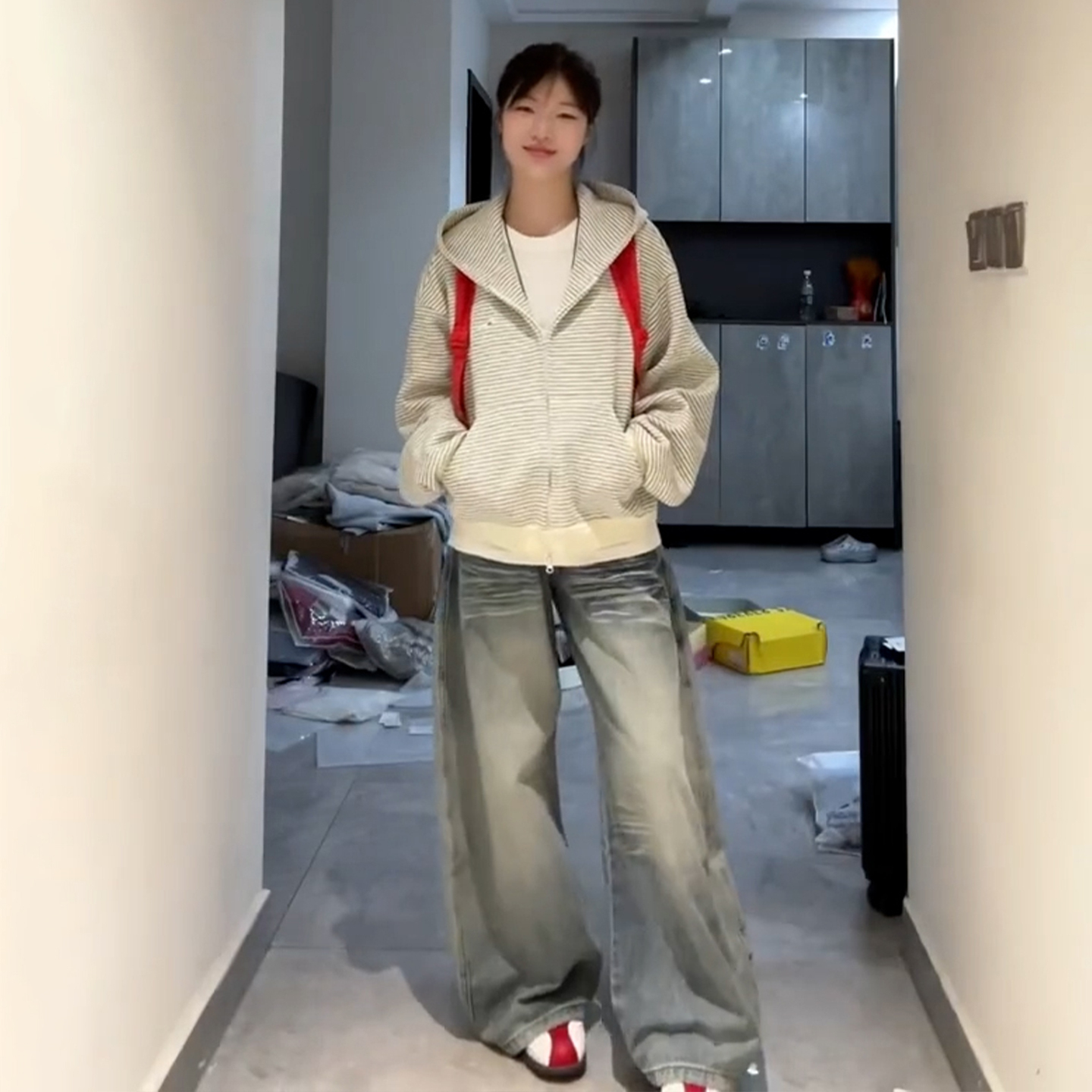 早秋穿搭条纹连帽卫衣外套女春秋季2025新款韩系慵懒拉链开衫上衣