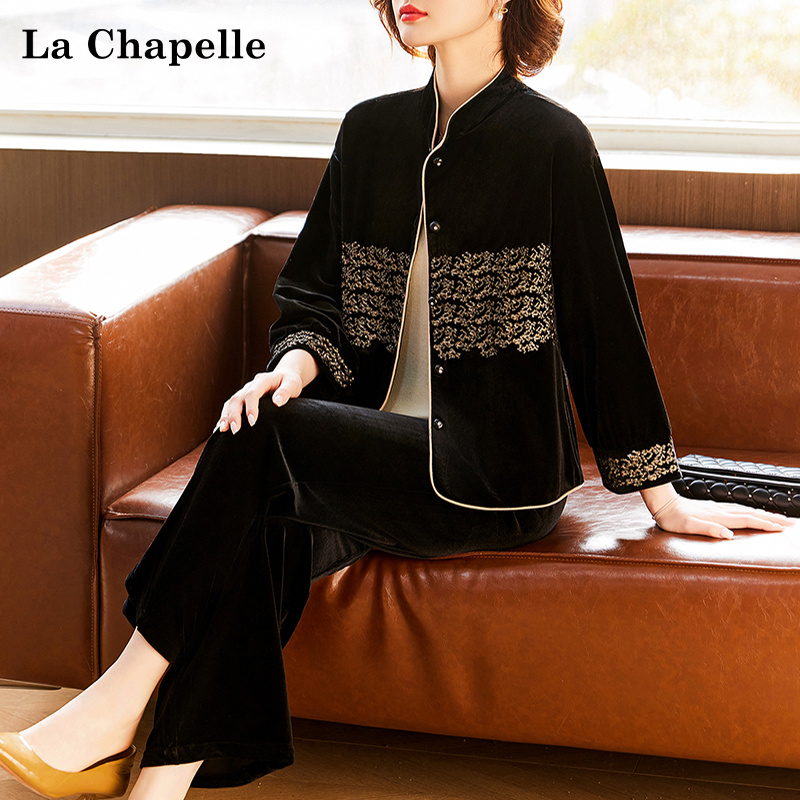 拉夏贝尔阔太太妈妈套装40岁50高档国风外套中老年女金丝绒两件套