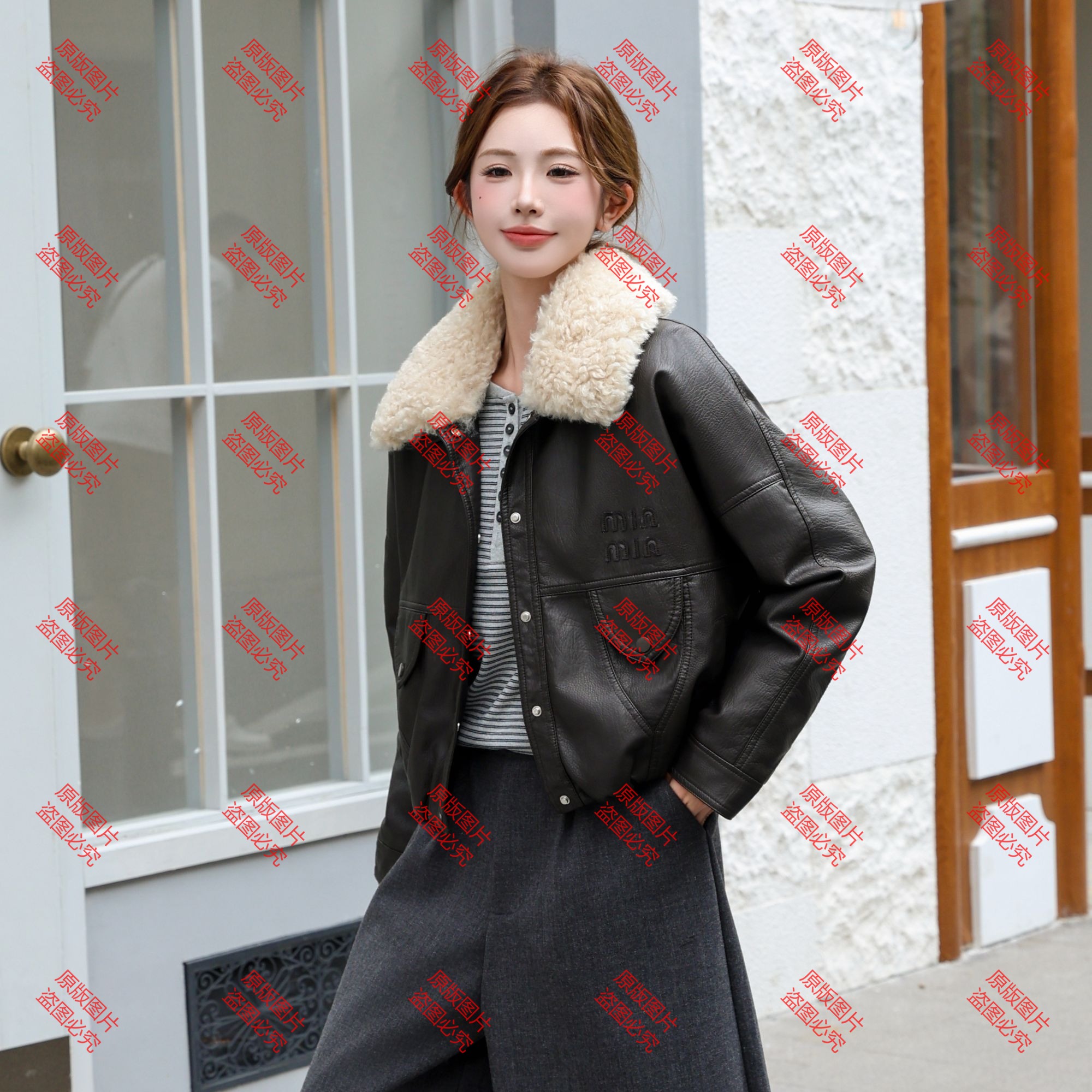 2025秋冬加绒美式复古烫字皮衣外套女时尚酷飒风夹克8889