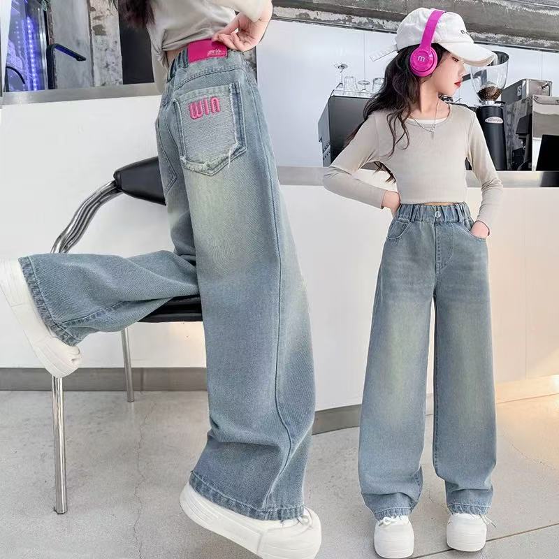 女童牛仔阔腿裤2025新款女孩春季洋气长裤中大童春秋款时髦直筒裤