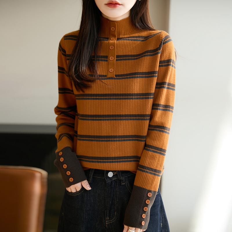 品牌女装正品新款半高领条纹拼色高级设计感女毛针织衫打底毛衣