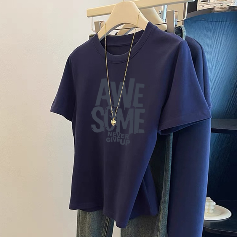 2025新款正肩短袖t恤女装设计感小众时尚百搭洋气藏青色上衣夏季