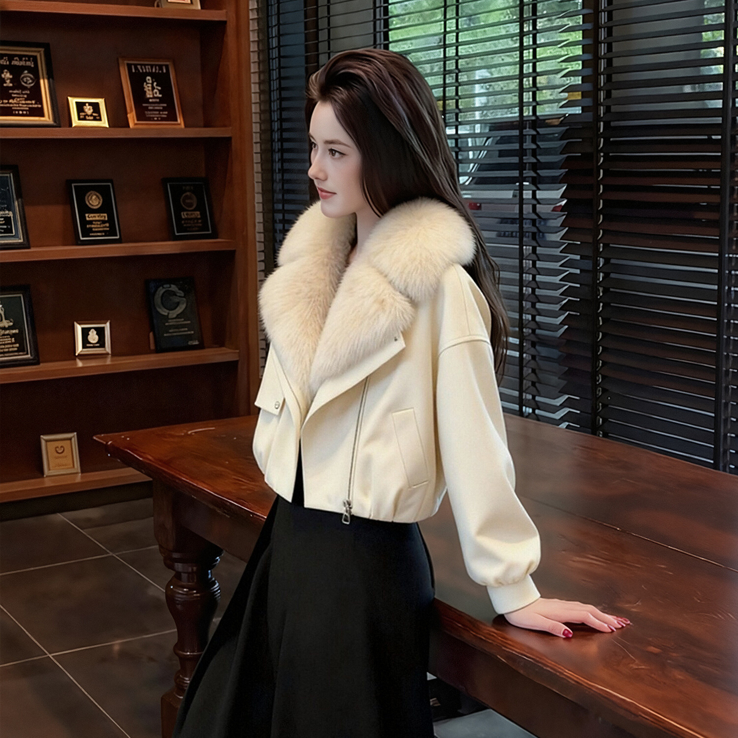 2025冬季新款洋气小众毛领短款米色棉服女慵懒风宽松百搭显瘦外套