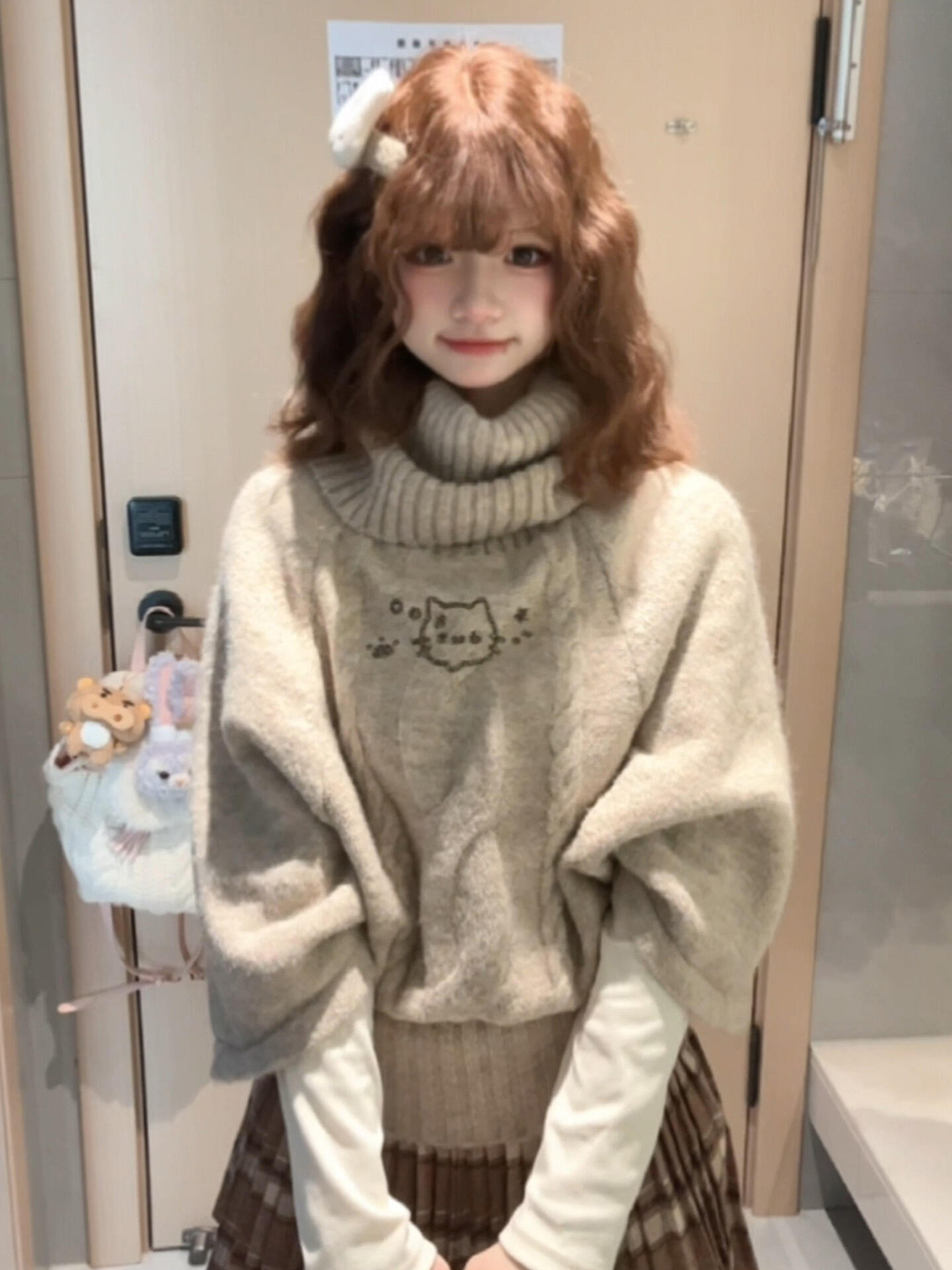 宅萌系麻花针织套头斗篷毛衣女高领设计感显瘦百搭中袖上衣