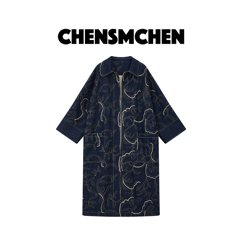 CHENSMCHEN 牛仔翻领刺绣长款风衣女时尚休闲百搭外套CSW7118SL