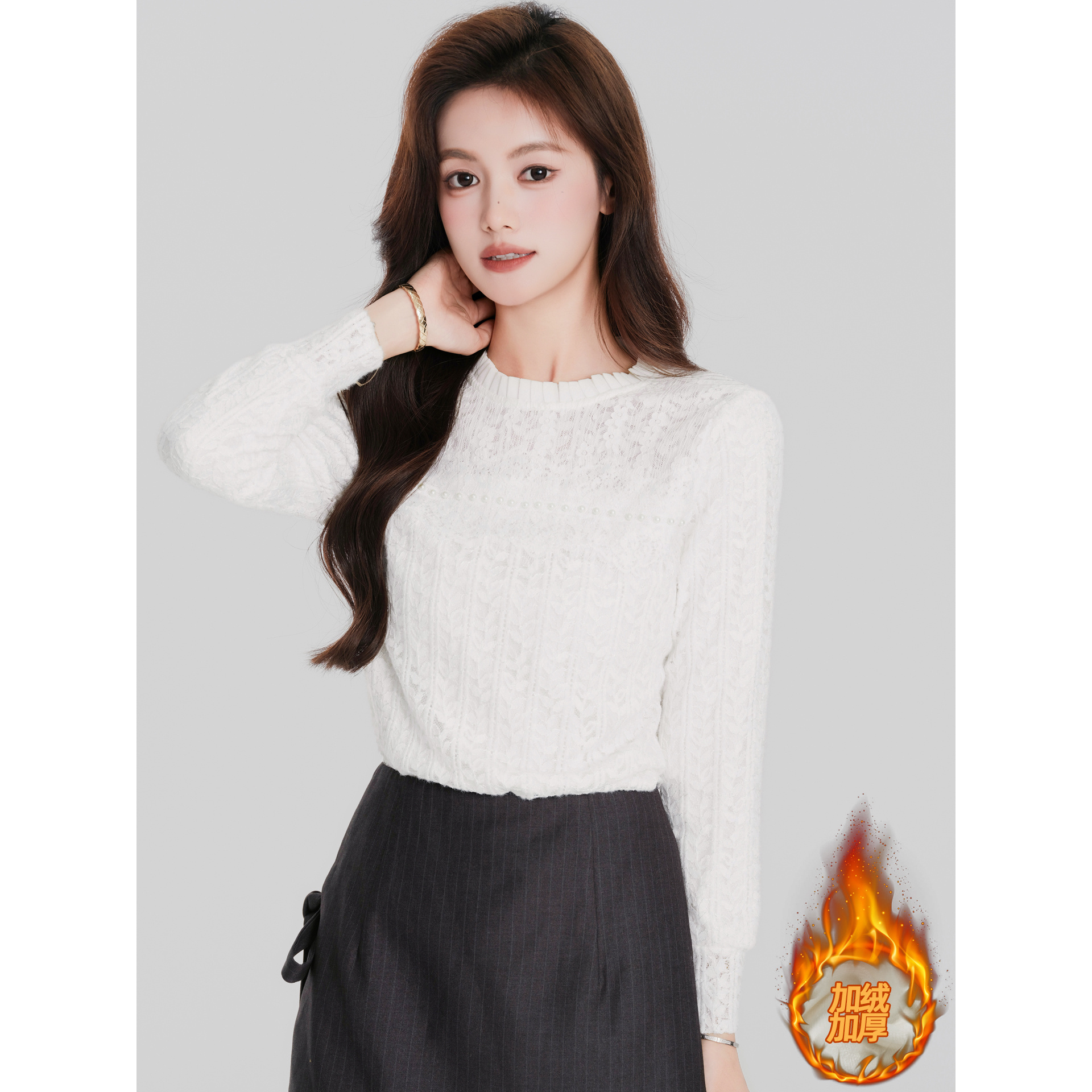 加绒加厚法式白色蕾丝打底衫秋冬新款木耳边内搭雪纺衫长袖上衣