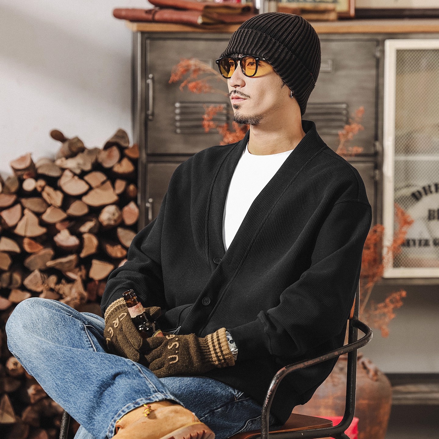 美式复古重磅开衫加绒卫衣男冬季潮牌华夫格V领加厚宽松针织外套