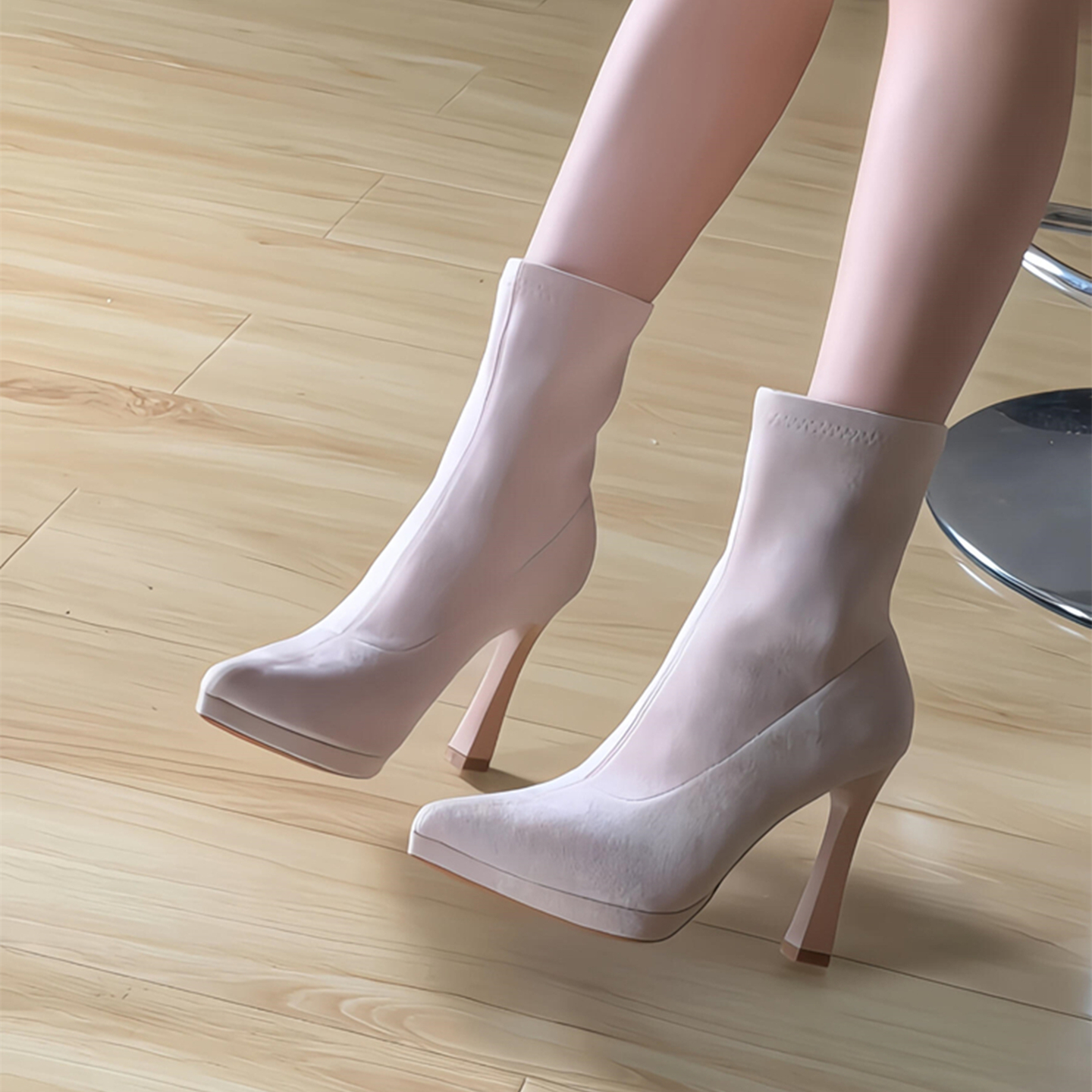 裸色绒面高跟防水台短靴女秋冬新款加绒细跟尖头气质百搭瘦瘦靴子