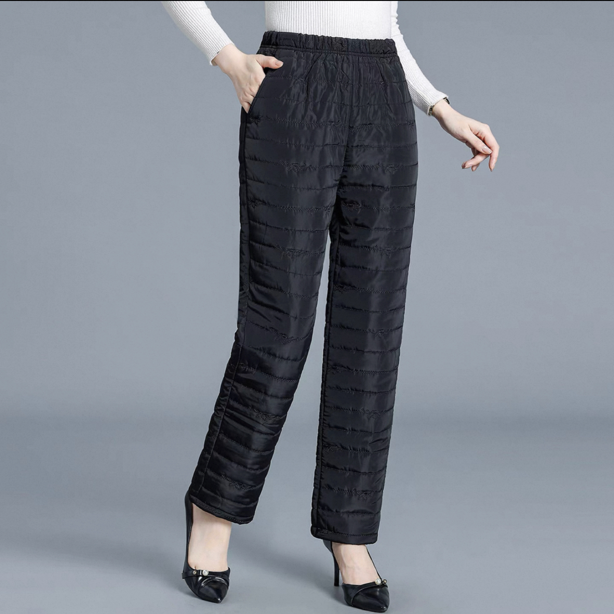 中老年女裤秋冬长裤夹棉加厚绣花直筒裤宽松妈妈裤子奶奶裤松紧腰