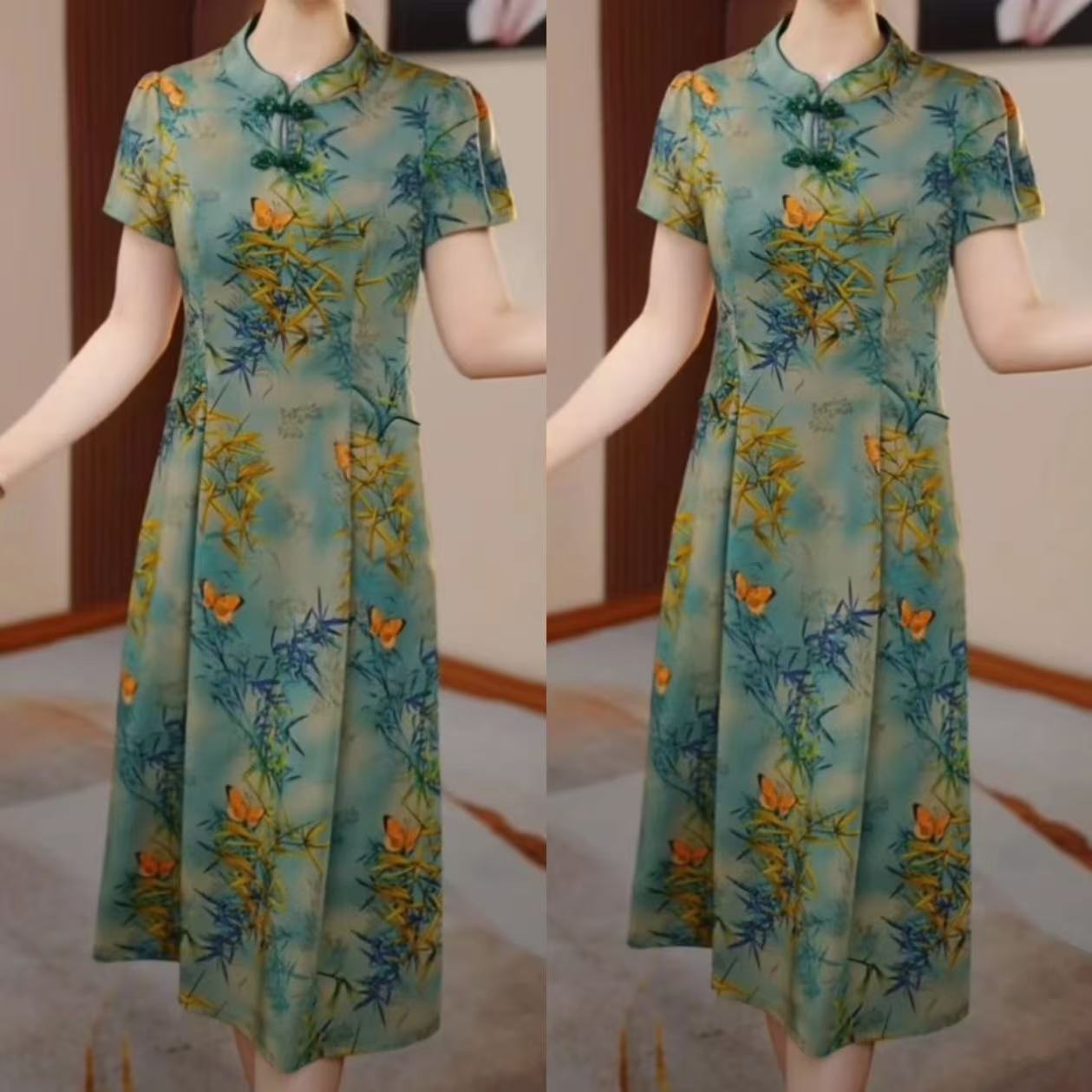 【吉遇优选】1788-1#新品手工钉珠盘扣冰雪丝弹力缎旗袍连衣裙