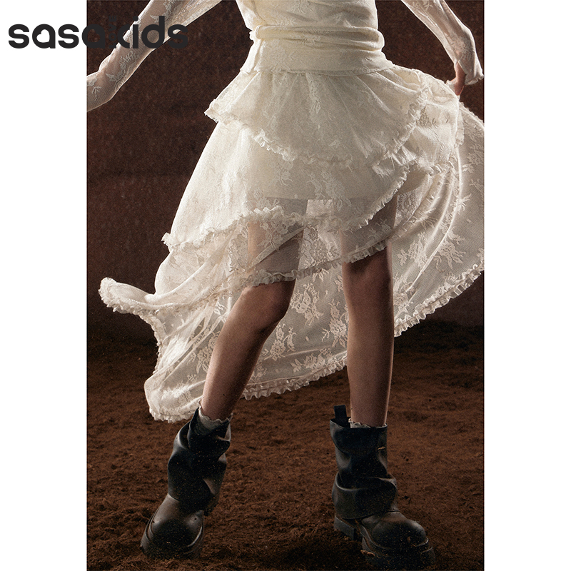 sasakids【探索系列】复古不规则斜下摆层次感中长款蕾丝半身裙
